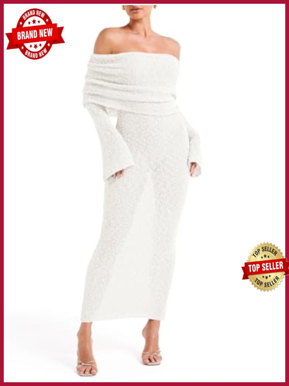 Womens Off Shoulder Sheer Maxi Dress Long Bell Sleeve Bodycon Swimwear Cover Up